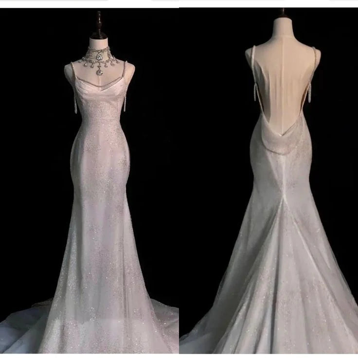 Buyishang Fairytale Mermaid Wedding Dresses Glittering Straps Backless Wedding Dress dress for wedding